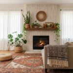 Beige textured tile fireplace with a wooden mantel, surrounded by green plants and cozy living room decor.