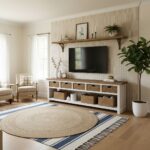 A cozy living room featuring a textured beige tile wall, white furniture, and natural wood accents. Bright and inviting space.
