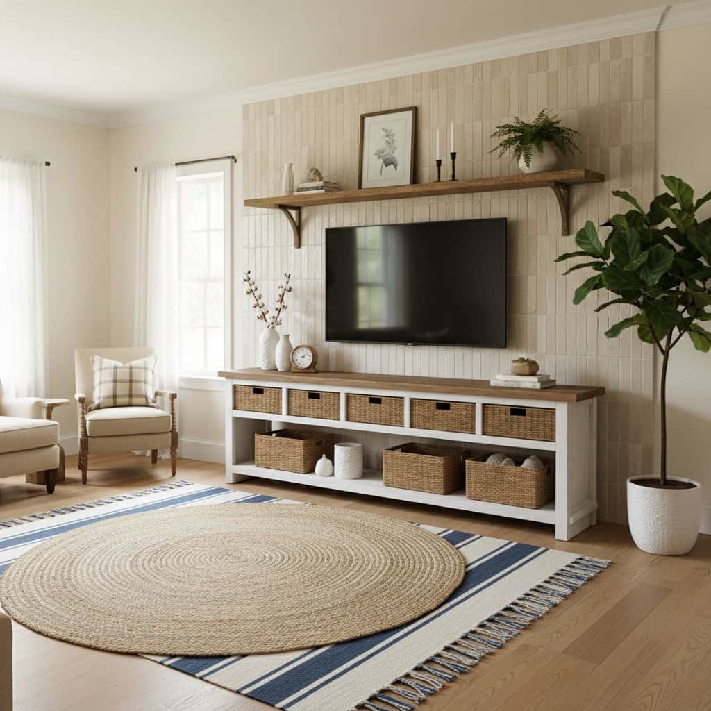 A cozy living room featuring a textured beige tile wall, white furniture, and natural wood accents. Bright and inviting space.
