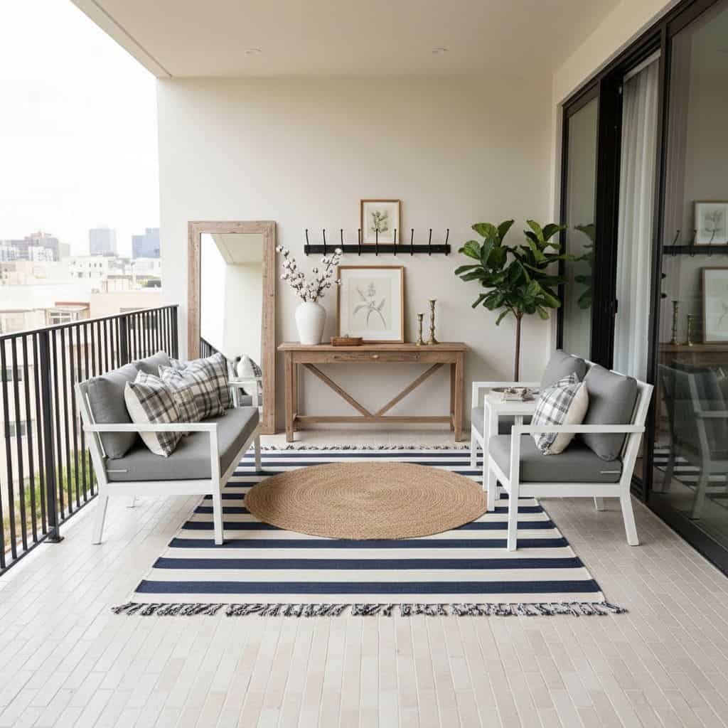Bright, airy balcony with modern outdoor furniture and decorative accents.