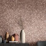 Neutral hexagon tile wall with textured surface in beige and taupe shades, creating a modern and sophisticated backdrop.