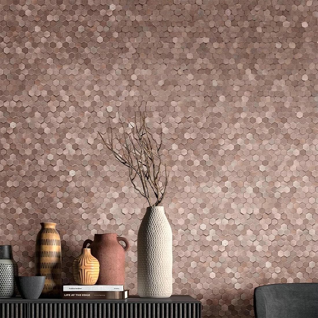 Neutral hexagon tile wall with textured surface in beige and taupe shades, creating a modern and sophisticated backdrop.