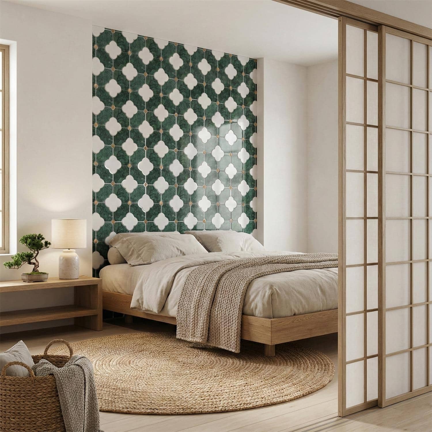 Decorative green and white patterned ceramic tiles in a bedroom.