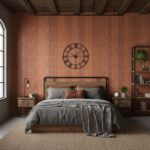 A cozy bedroom featuring a warm, textured brick wall behind a black metal bed frame, with wooden nightstands, a large wall cl.