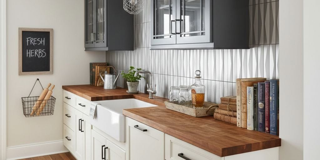 White ceramic tile with textured vertical lines and glossy finish, paired with a warm wooden countertop.