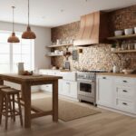 Copper brick tile backsplash with textured, rustic finish.