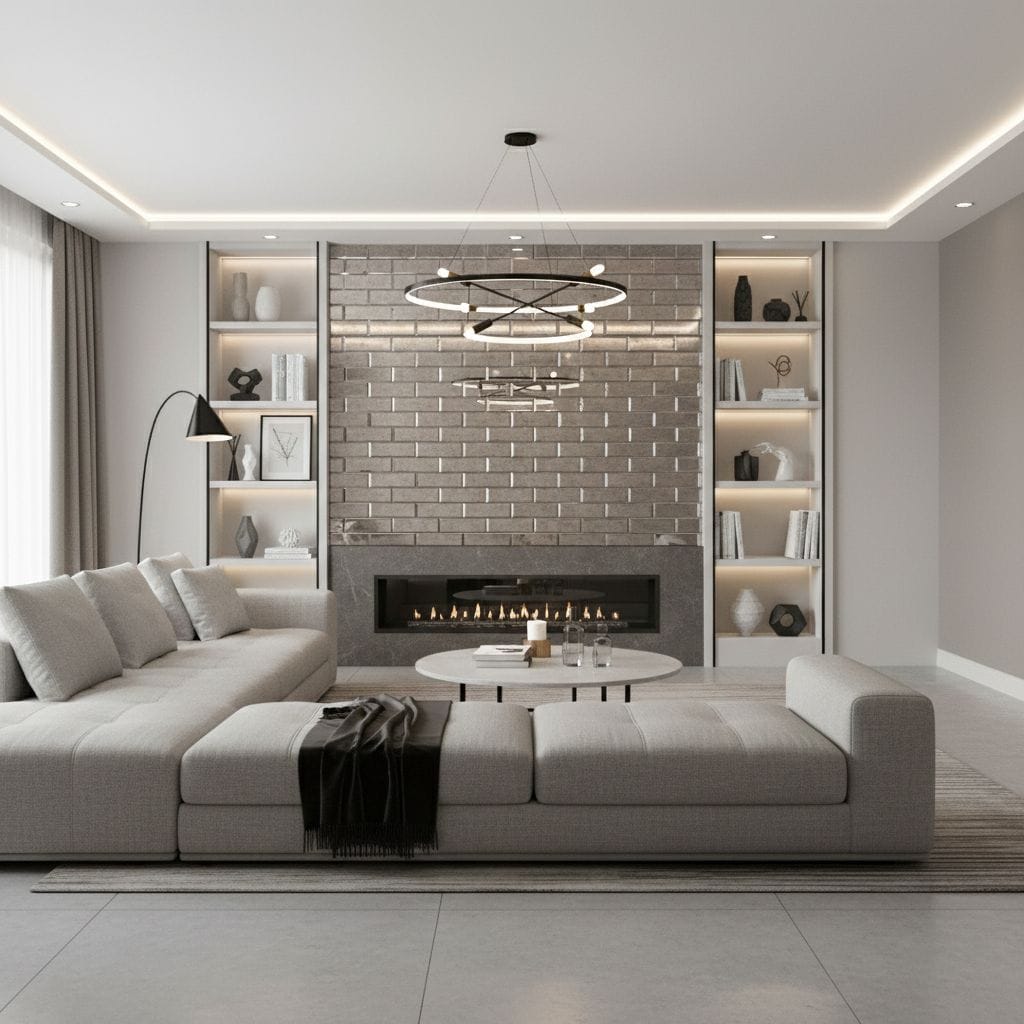 Bright living room with gray brick fireplace, neutral-toned sofa, and contemporary lighting. Elegant and cozy space with mini.