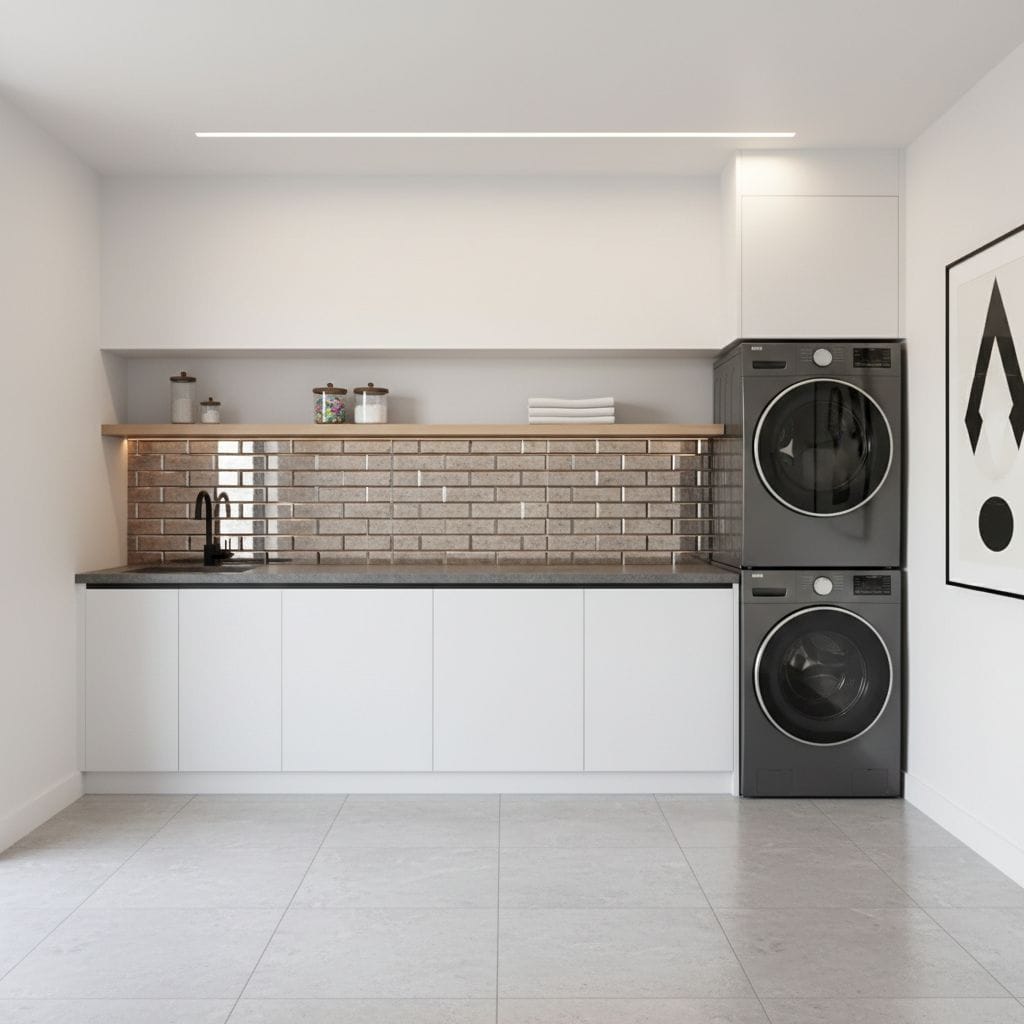 Laundry room tile with brick backsplash and modern appliances.