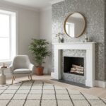 Gray hexagon tiles with a textured surface around the fireplace.