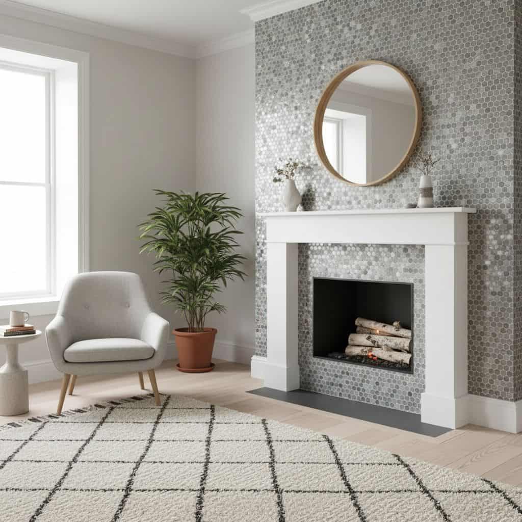 Gray hexagon tiles with a textured surface around the fireplace.