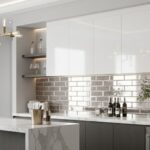 White ceramic tile with a glossy finish, brick pattern, and neutral tones.