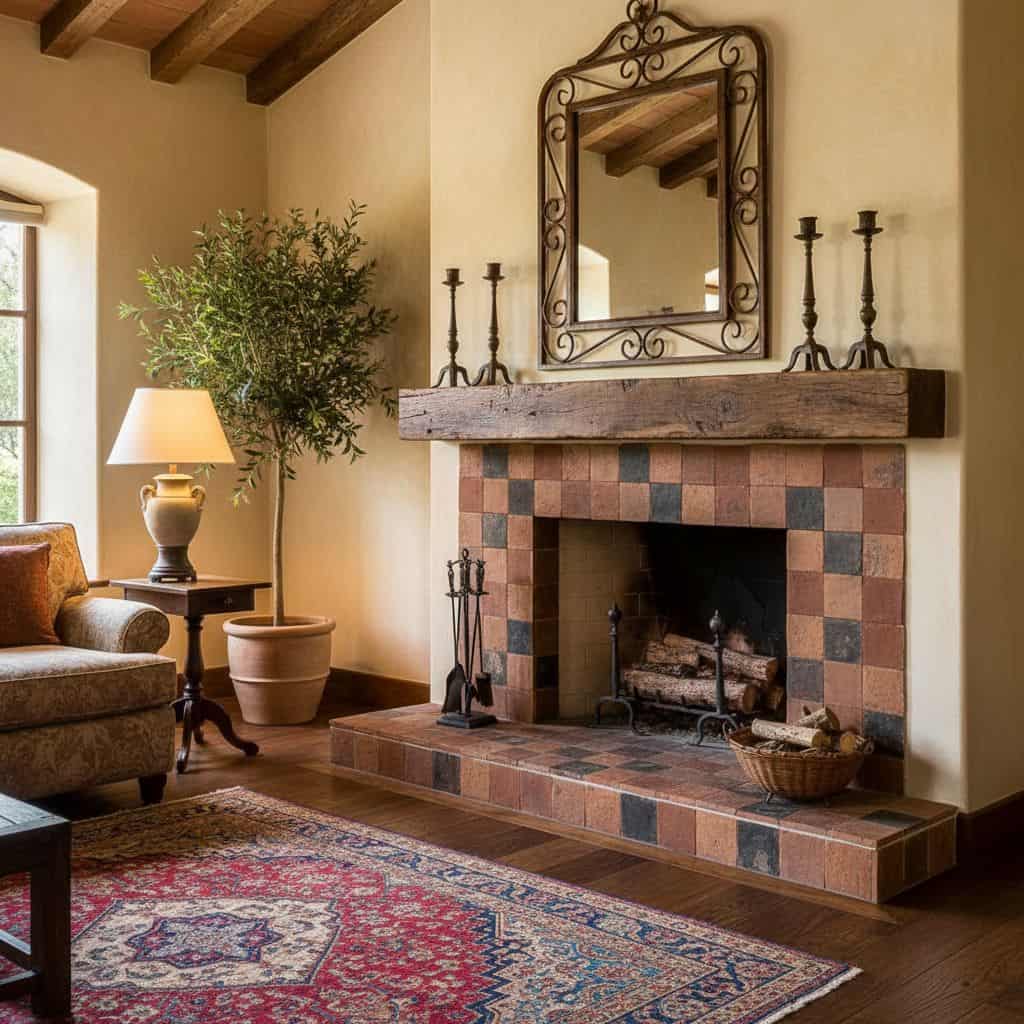 Cozy living room with a warm, rustic tile fireplace, wooden mantel, and decorative iron accents, creating a welcoming and tra.
