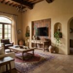 Warm beige tile fireplace with textured surface and earthy tones.