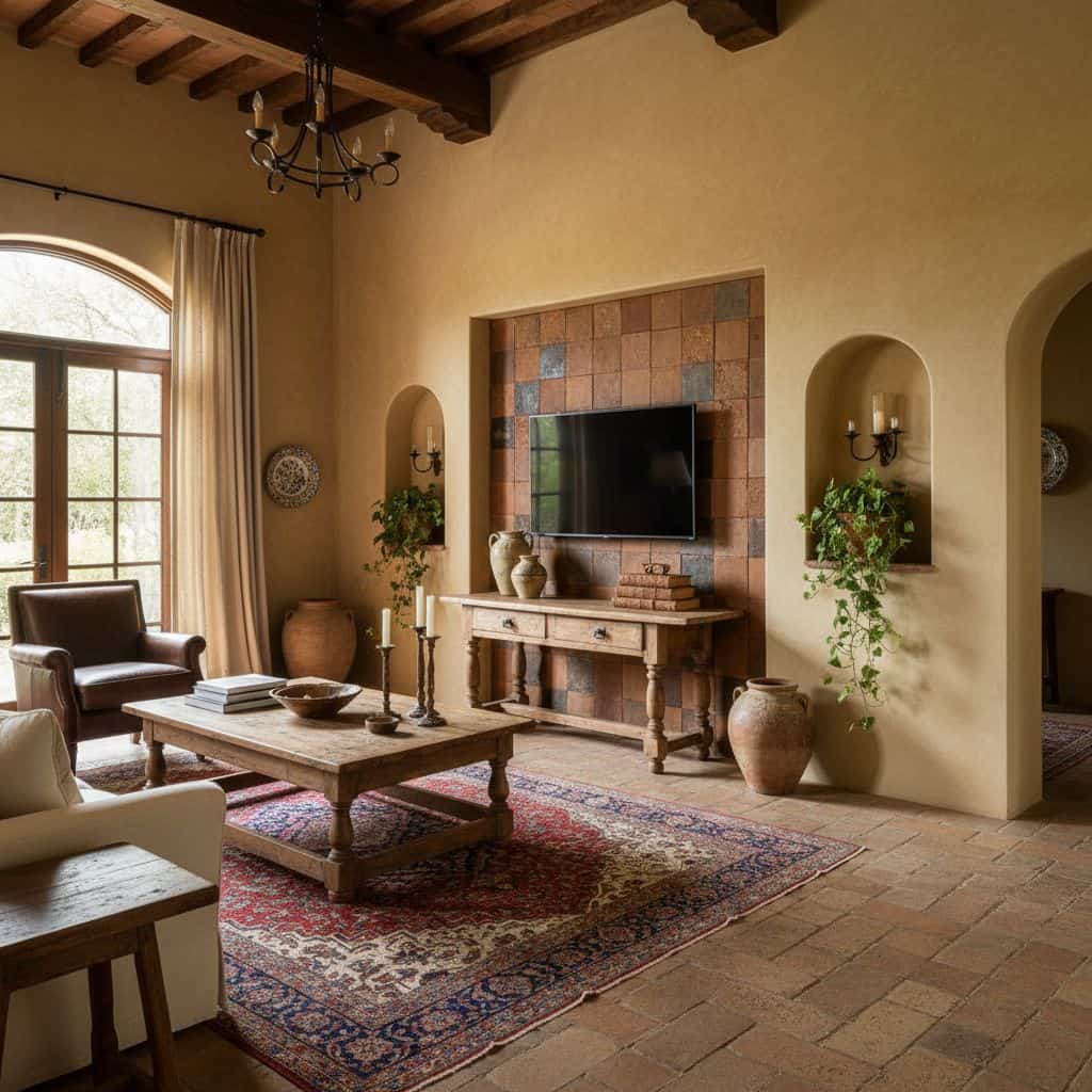 Warm beige tile fireplace with textured surface and earthy tones.