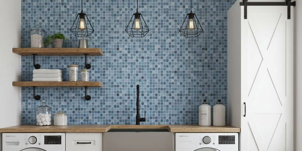 Blue mosaic tile with textured surface and glossy finish in a contemporary kitchen setting.