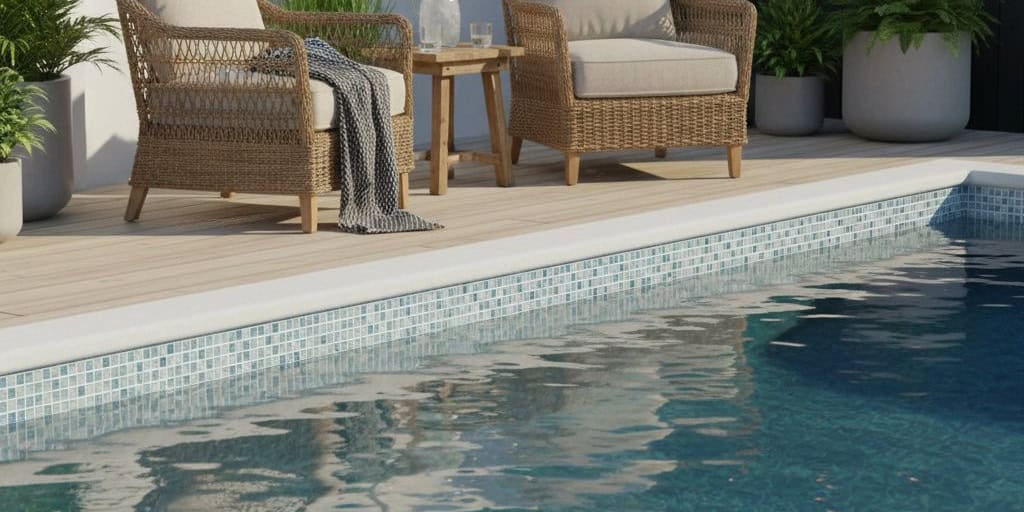 Blue mosaic tile with smooth, glossy texture and intricate pattern.
