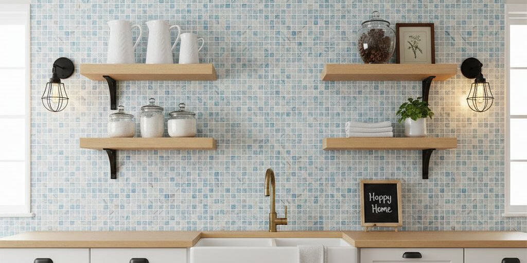 Blue mosaic tile backsplash with textured surface and glossy finish in a kitchen setting.