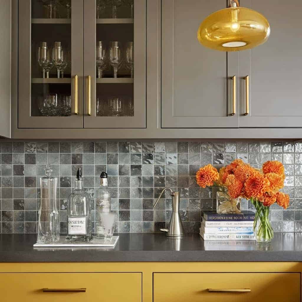 Gray glass tile backsplash with a textured surface and subtle reflective finish, complemented by gold hardware and decor acce.