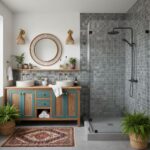 Gray mosaic tile with textured surface in shower and behind vanity.