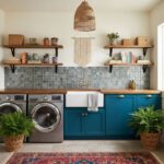 Bright blue tile backsplash with textured gray tiles, complemented by wooden shelves and woven baskets.