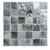 Gray and silver mosaic tile with textured and glossy finishes, featuring a mix of smooth and patterned surfaces.