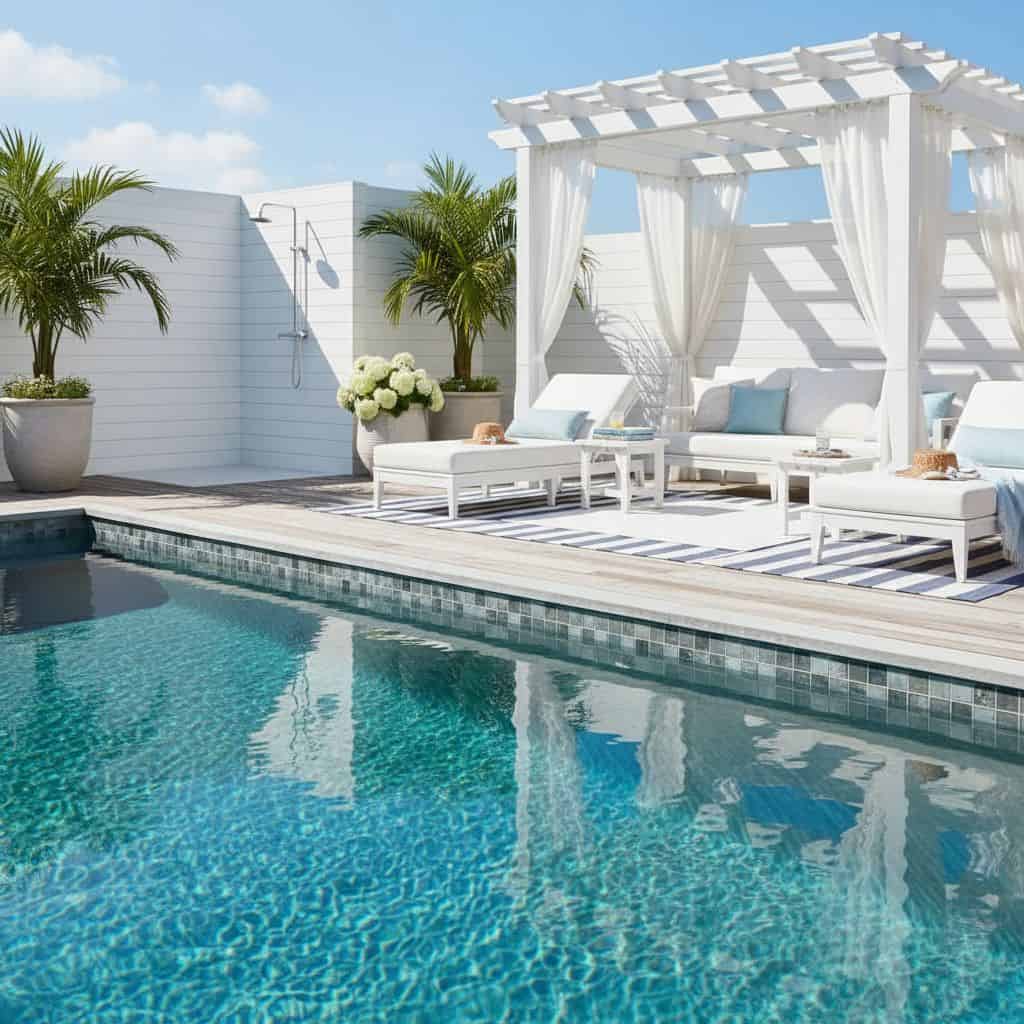 Bright poolside lounge with white cabana, tropical palms, and seating area.