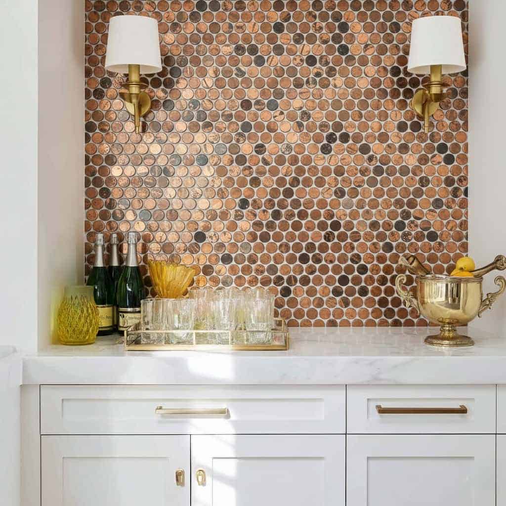 Brown mosaic tile wall with textured, round tiles, gold wall sconces, and a white countertop with decorative bottles and a bo.