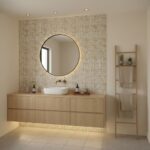 Bright bathroom with textured beige tile wall, modern wooden vanity, and a ladder towel rack with potted plants.