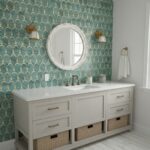 Decorative wallpaper with teal and gold geometric pattern, white wooden vanity with marble countertop, wicker baskets, and br.