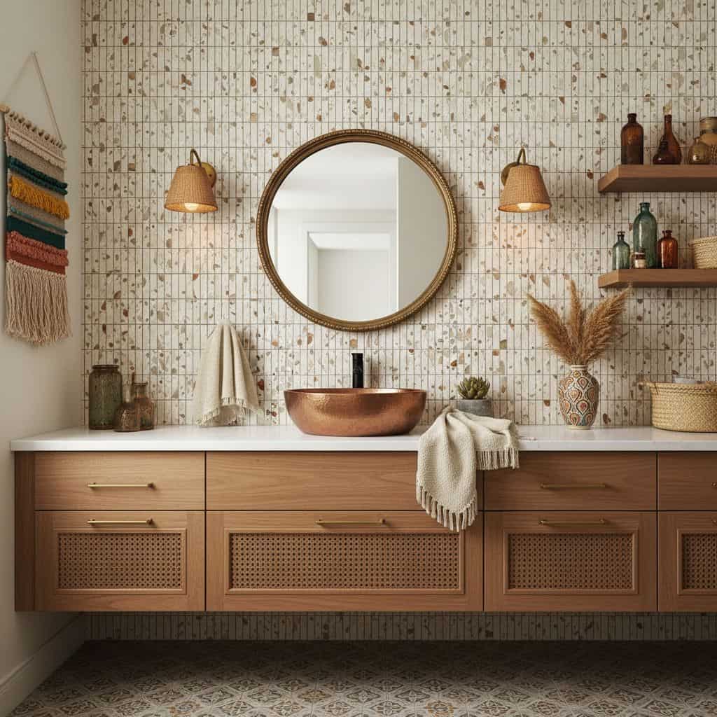 Warm beige textured wall tiles with subtle speckled pattern.