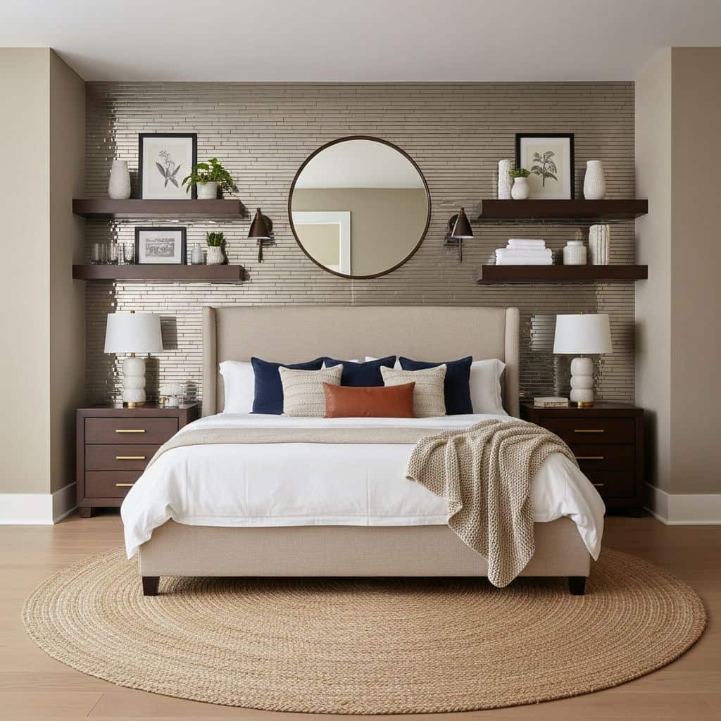 Textured beige wall tile with dark brown wooden shelves, white decor, and a round mirror above the bed.