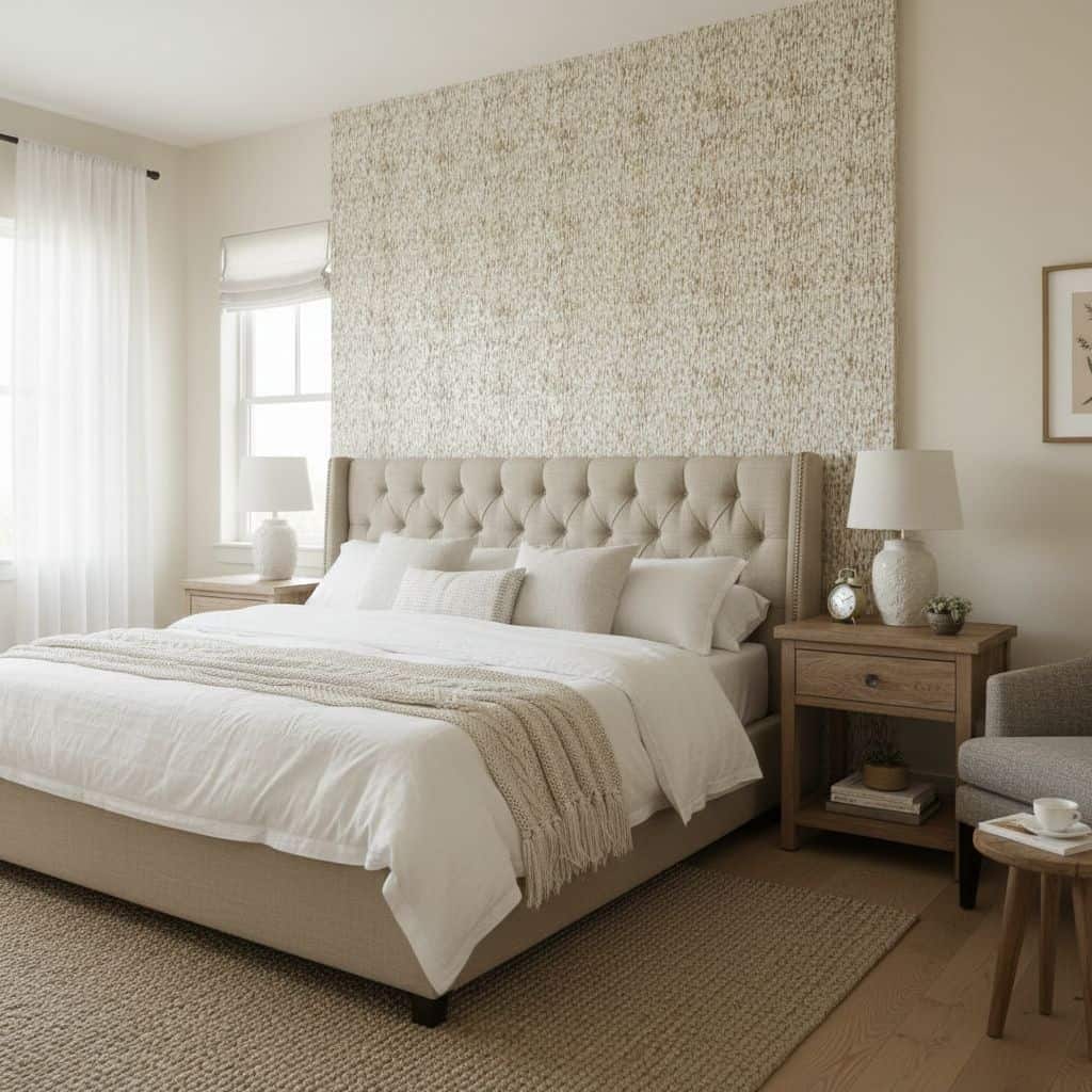 Light beige textured tile wall behind a bed, adding subtle pattern and warmth to the bedroom decor.
