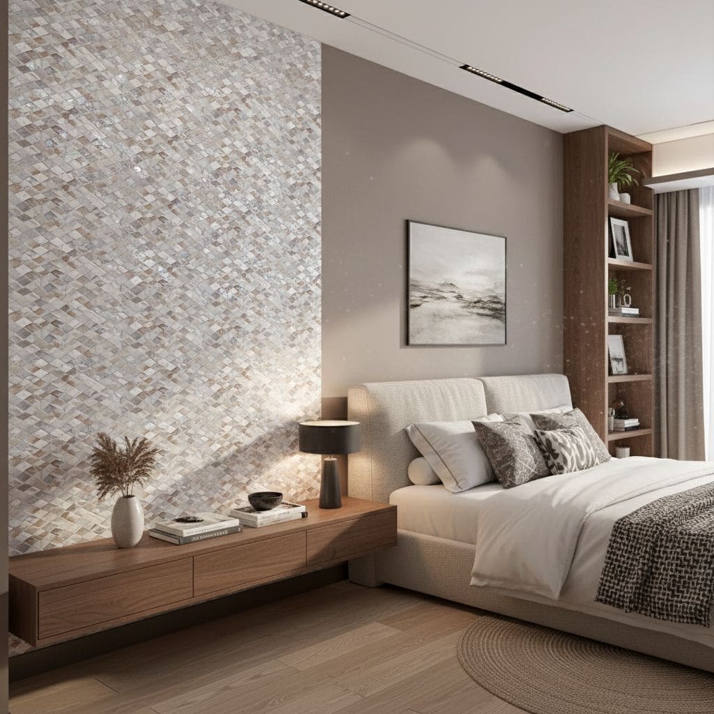 A textured mosaic tile wall in neutral tones adds visual interest to the bedroom.