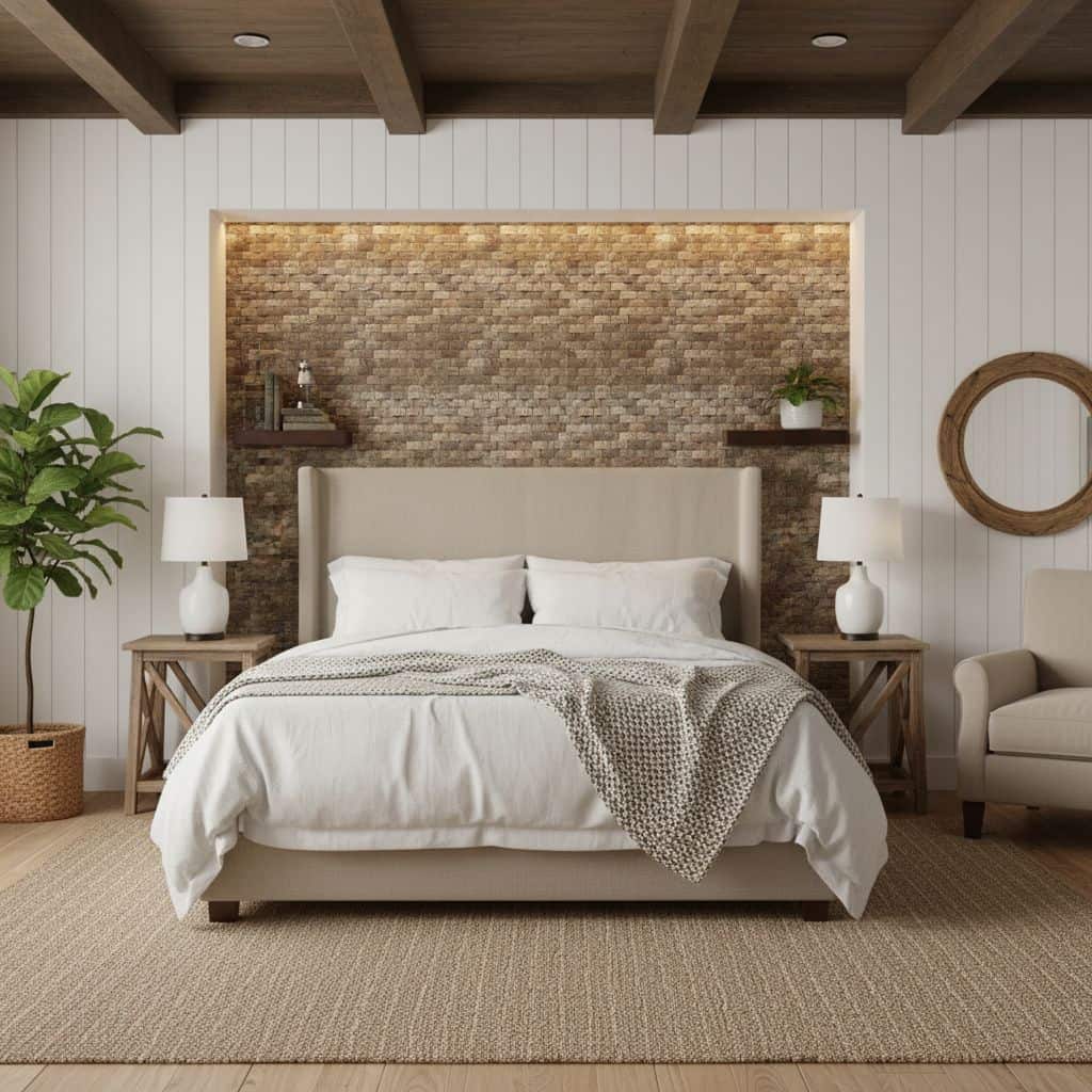 Bright white bedding with textured throw blanket, neutral tones, and natural materials create a cozy, modern bedroom ambiance.