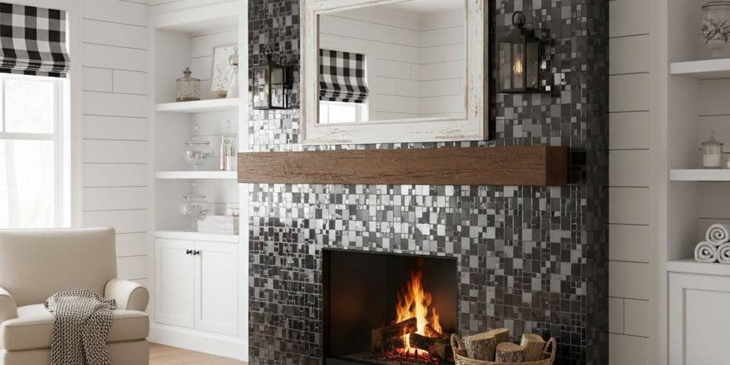 Black and white mosaic tile with glossy finish, textured surface, in a contemporary living room.
