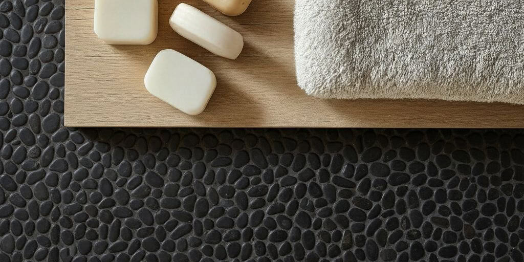 Black pebble tile with smooth, rounded texture and matte finish, ideal for bathroom or spa settings.