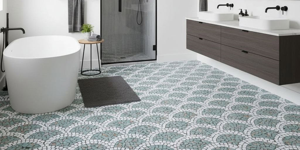 Soft blue and white mosaic tile with geometric pattern, textured surface, ideal for bathroom floors and accents.