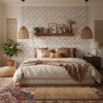 A cozy bedroom featuring beige and brown patterned wall tiles, a neutral bed with textured pillows, and natural decor element.