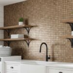 Brown mosaic tile wall with textured, glossy finish in a modern bathroom setting.