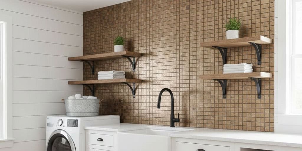 Brown mosaic tile wall with textured, glossy finish in a modern bathroom setting.