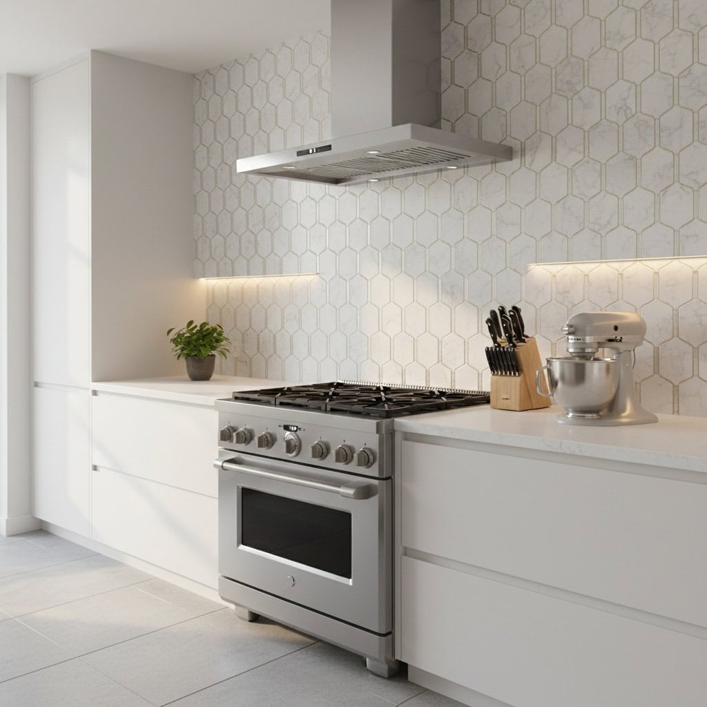 Hexagon tile wall in light beige with subtle texture.