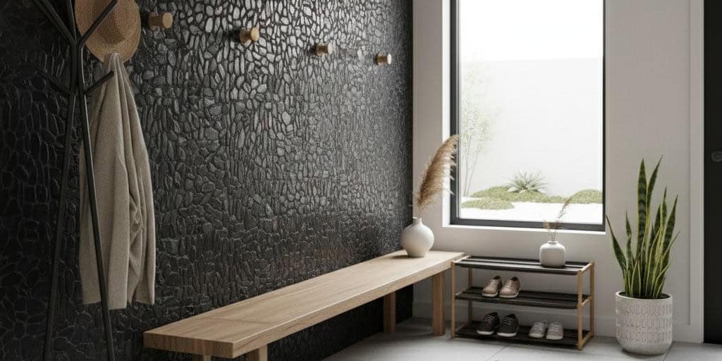 Black textured stone tile with rough surface and matte finish.