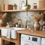 Colorful hexagon ceramic tile with textured surface in earthy tones, ideal for kitchen backsplashes and accent walls.