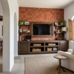 Decorative terracotta tile wall with geometric pattern in warm earthy tones.