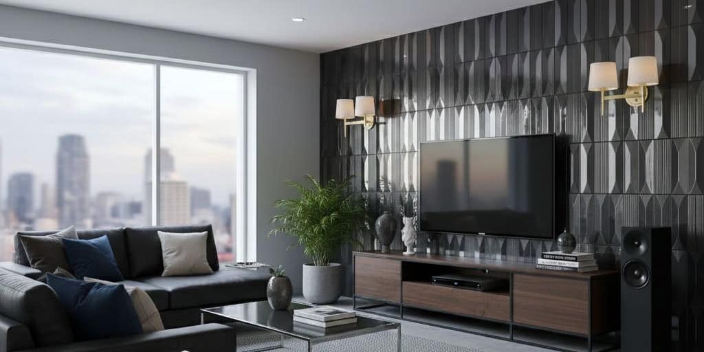 Gray geometric textured wall tile with a matte finish, enhancing contemporary interior design.