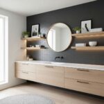 A sleek bathroom with black subway tiles, a round mirror, and wooden shelves holding decor and towels.