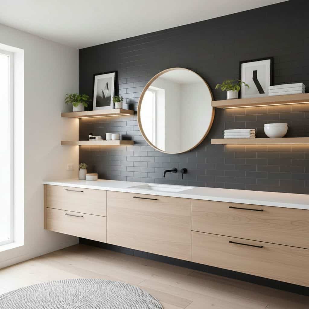 A sleek bathroom with black subway tiles, a round mirror, and wooden shelves holding decor and towels.