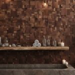 Warm brown textured tile with a natural wood grain appearance.