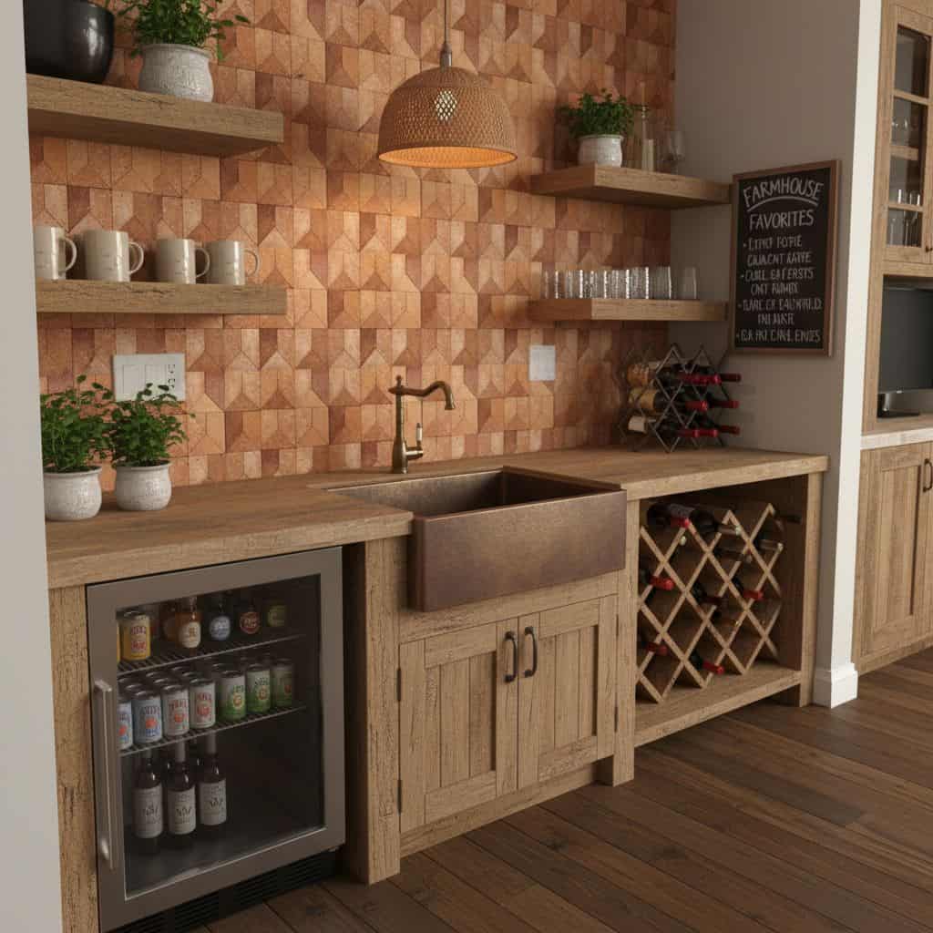Earth-toned ceramic tile backsplash with textured, matte finish in a kitchen setting.