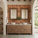 A bathroom vanity featuring a natural wood finish with two large mirrors, surrounded by warm-toned tile, and complemented by.